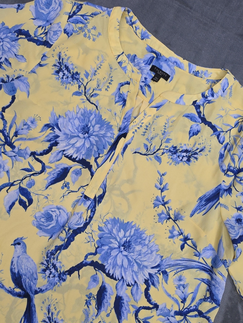Talbots Yellow Blouse with Blue Floral Print XLP